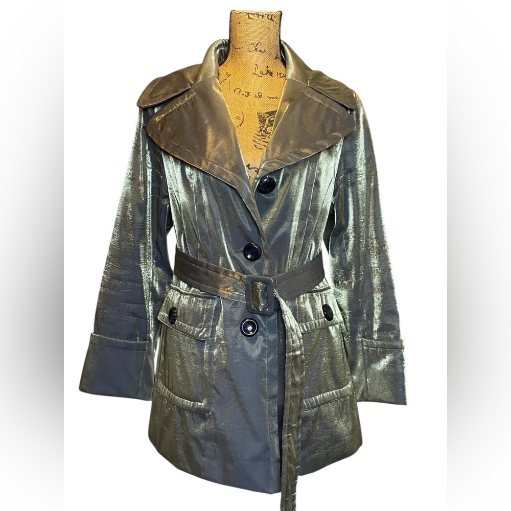 Hilary Radley NY Metallic Iridescent Olive Green Trench Coat Women’s Size M